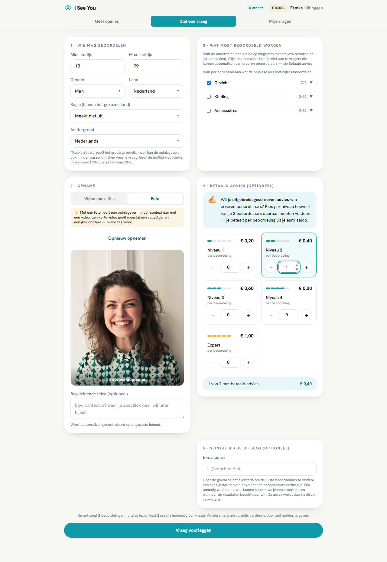 Vraag stellen met een gewenst adviesniveau en de vooraf getoonde totaalprijs
