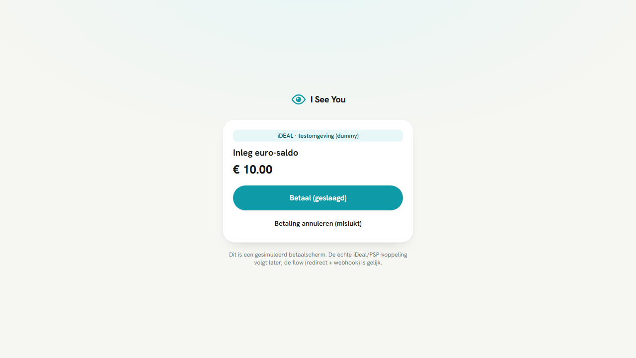 De (dummy) iDeal-checkout voor het opladen van het euro-saldo