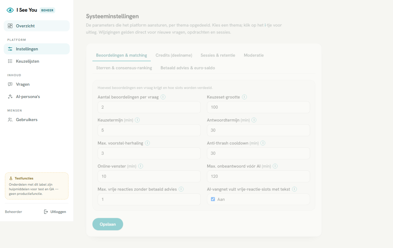 Systeeminstellingen, gegroepeerd per thema met uitleg per instelling