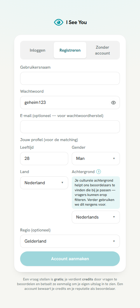 Registratie met wachtwoord-oogje, regio-veld (Gelderland) en de geopende uitleg bij Achtergrond