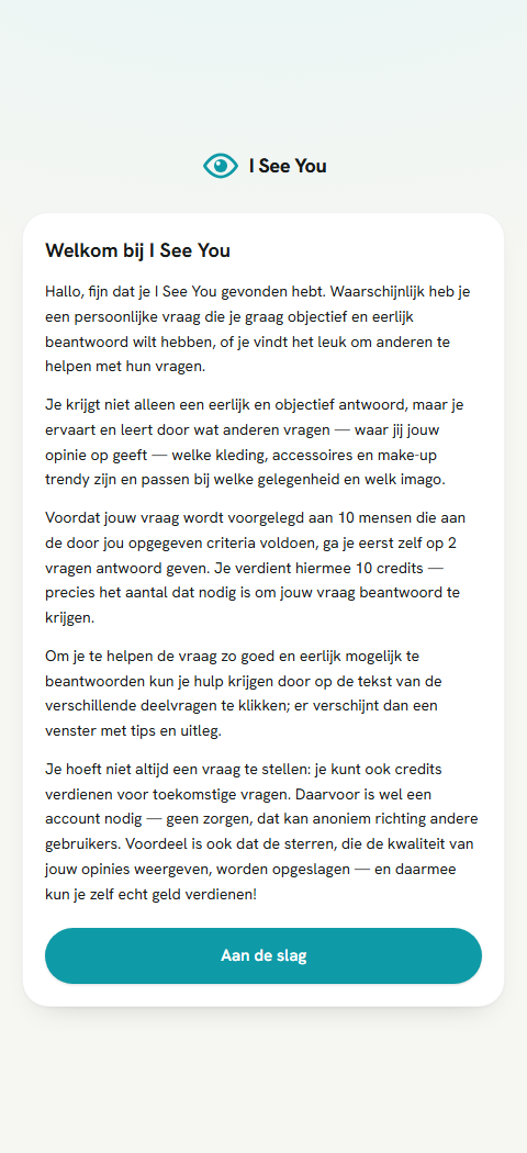 De welkomsttekst direct na registratie