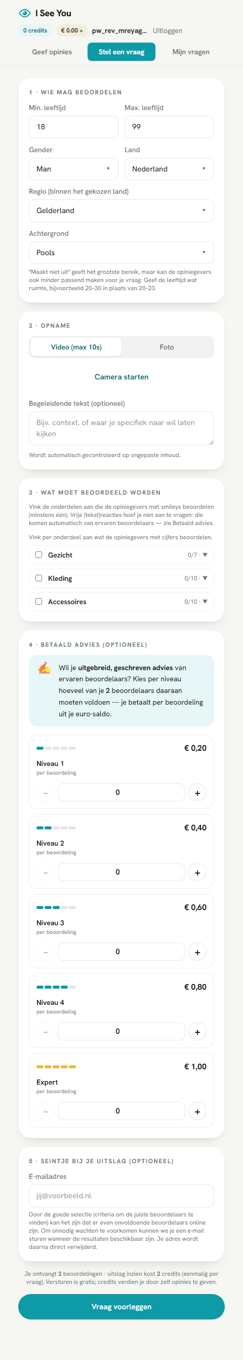 Stel een vraag: doelgroep-defaults uit het profiel + de aangepaste uitlegtekst