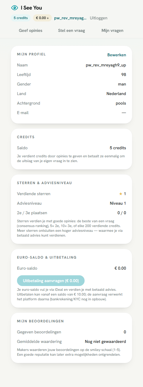 Na de upgrade: het vaste account met de meegenomen credits en ster